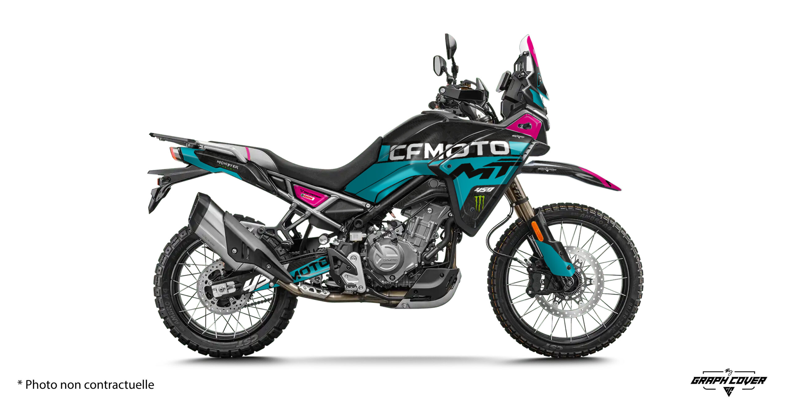 CF-Moto-450-MT-2024+-Jakarta-turquoise-3D Ce kit déco CF Moto MT 450 adopte un style sportif qui donne à la moto une allure agressive et moderne, tout en ajoutant une texture visuelle sophistiquée.