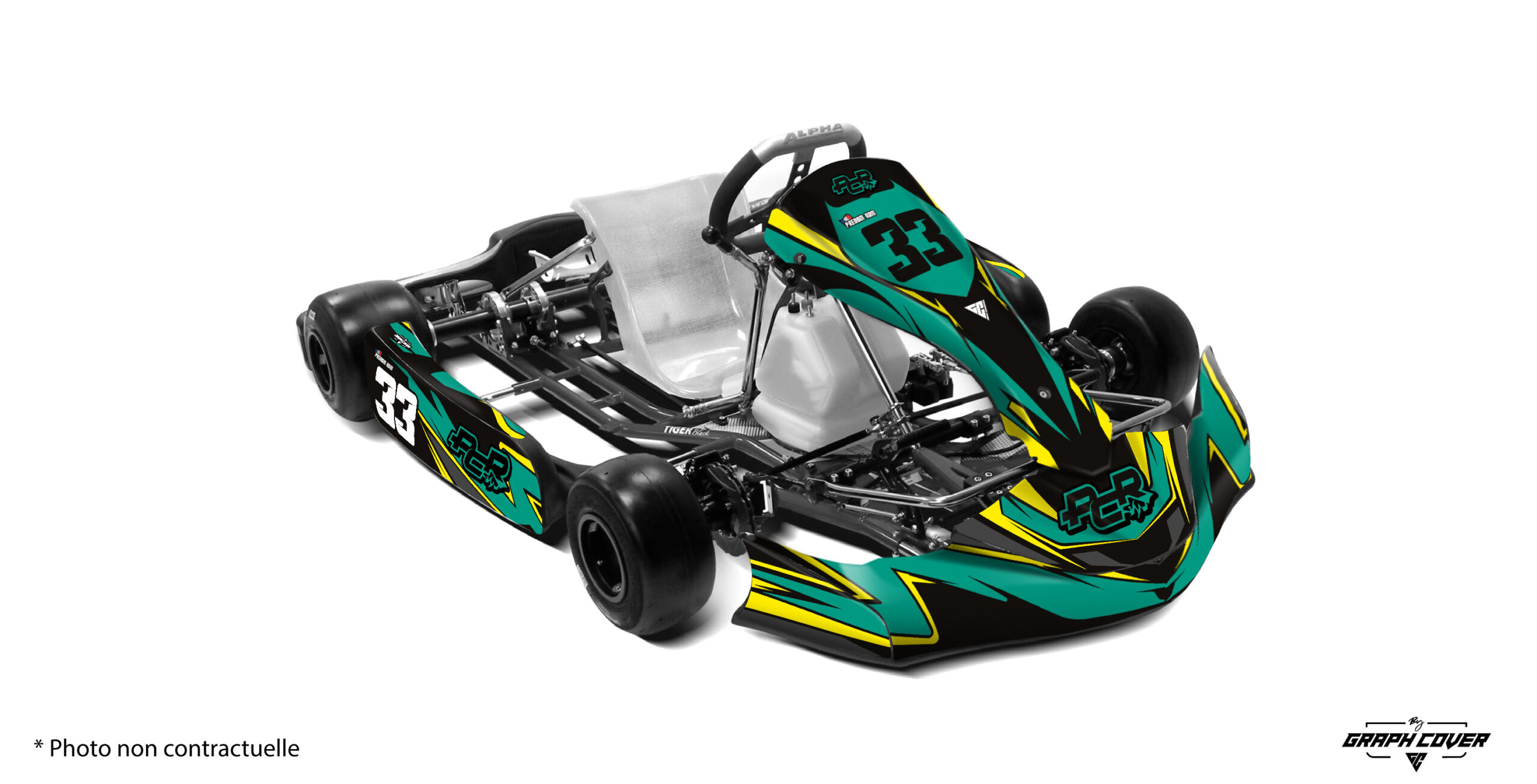 KG-FP7-Blazzer-Turquoise-Jaune-3D Apportez un look agressif et dynamique à votre kart avec le kit déco Blazzer pour carrosserie KG FP7. Ce kit est disponible en trois versions de couleur audacieuses : Rouge, Jaune, et Turquoise & Jaune.