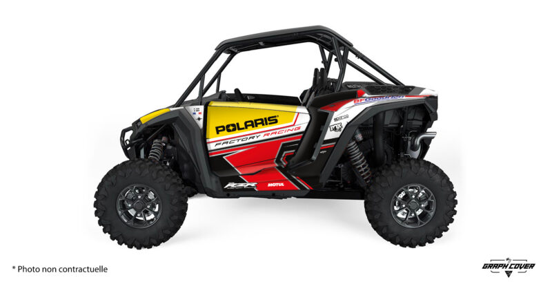 Donnez un nouveau style à votre SSV Polaris RZR XP avec ce kit déco de haute qualité, spécialement conçu pour les amateurs de tout-terrain et de courses.