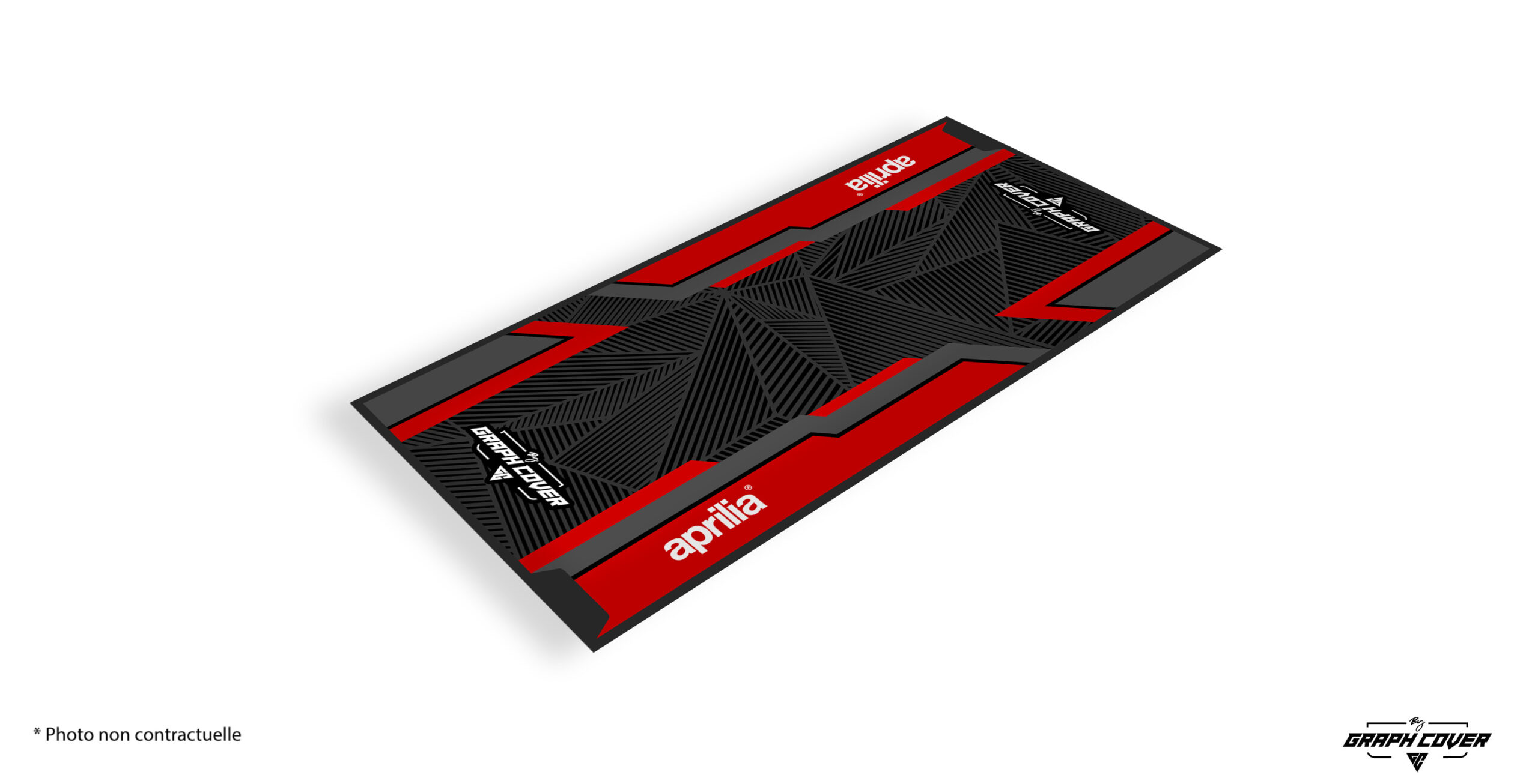 TAPISMOTOMODEL1APRILIA95x200_3D Protégez votre sol grâce au tapis environnemental moto APRILIA, conçu spécialement pour les passionnés de vitesse et de sports mécaniques !