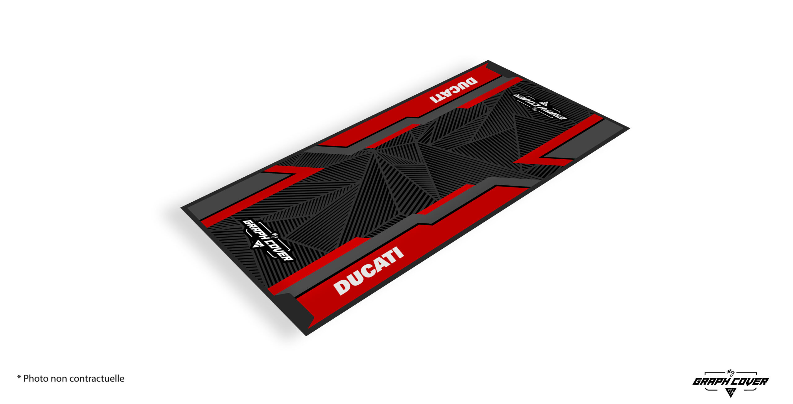 TAPISMOTOMODEL1DUCATI95x200_3D Protégez votre sol grâce au tapis environnemental moto DUCATI, conçu spécialement pour les passionnés de vitesse et de sports mécaniques !