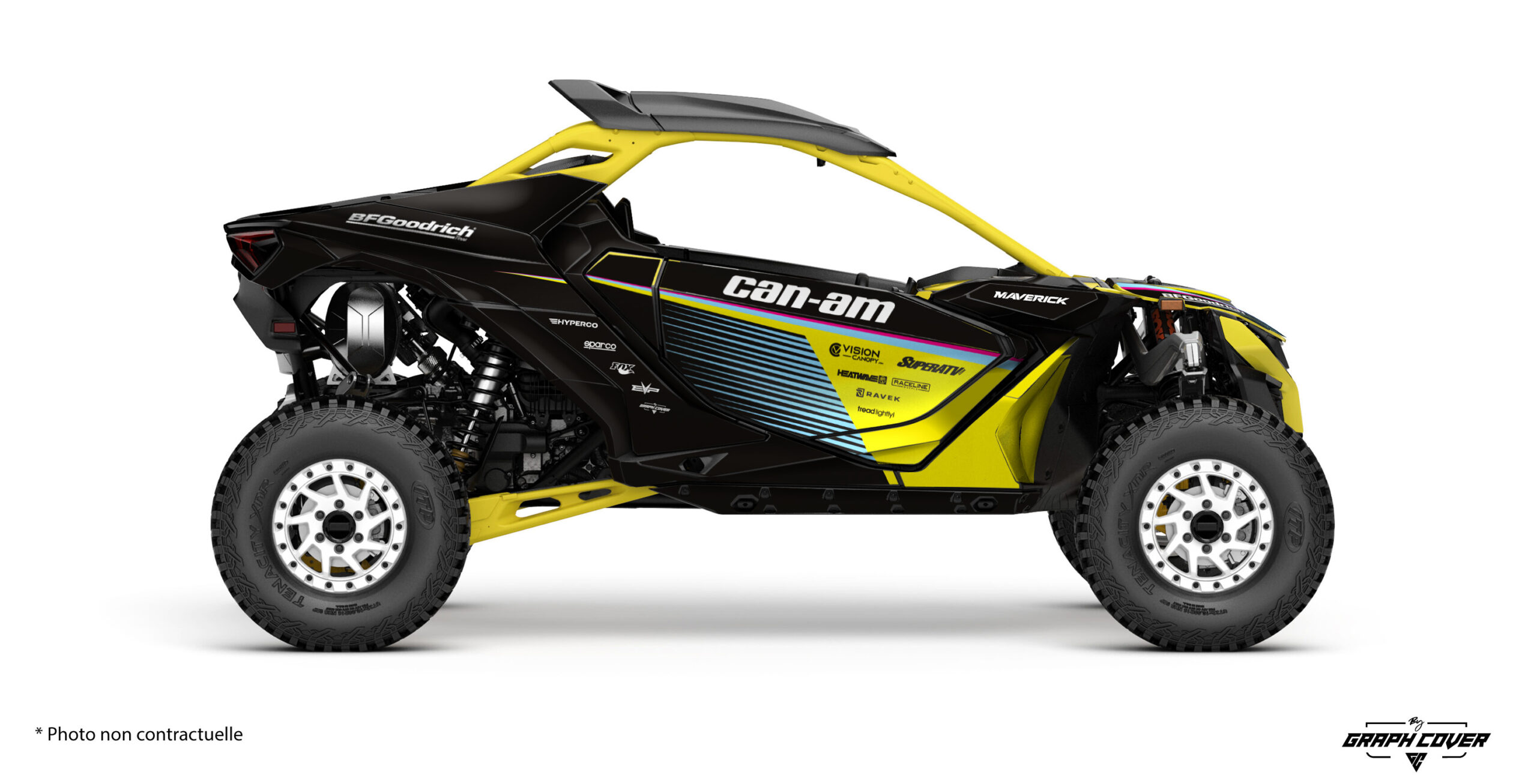 Can-Am-Maverick-R---2024-Apex-jaune-3D Le kit déco Can-Am Dakar est une gamme de kits graphiques haut de gamme, conçus pour offrir une personnalisation unique, robuste et inspirée des designs iconiques des véhicules officiels du Rallye Dakar.