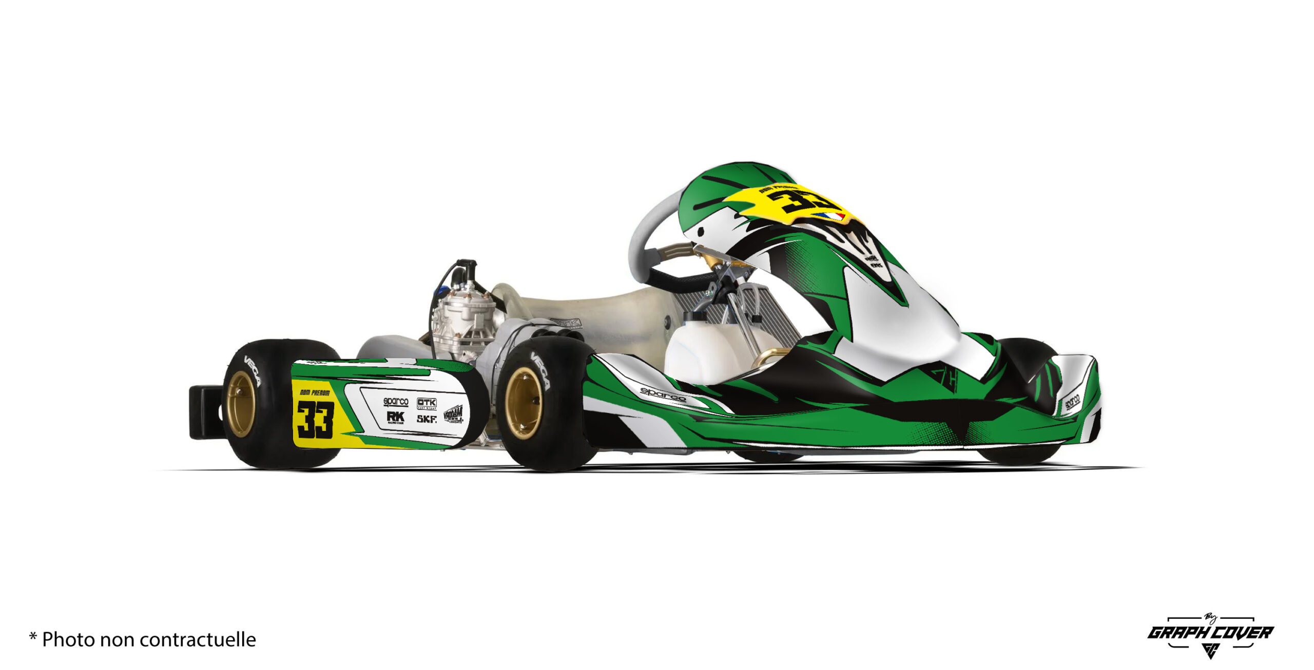 OTK-M11-Toad-Vert-3D Transformez votre karting avec notre kit déco OTK M11 disponible en trois coloris : rose et noir, rouge et blanc, et vert et noir. Stickers OTK M11.