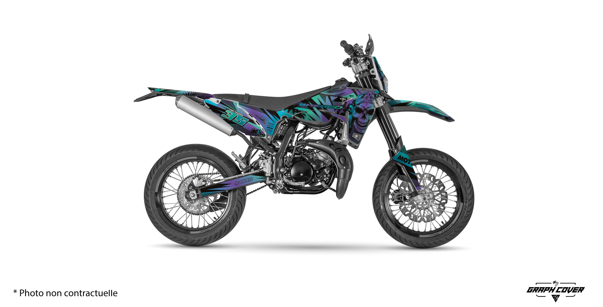 kit-deco-moto-cross-Sherco-se-sef-Skinoo-Bleu-Violet-3D Transforme ta Sherco en machine de caractère avec le Kit déco SM 50cc au design Skinoo. Expédition rapide avec suivi. Fabrication française