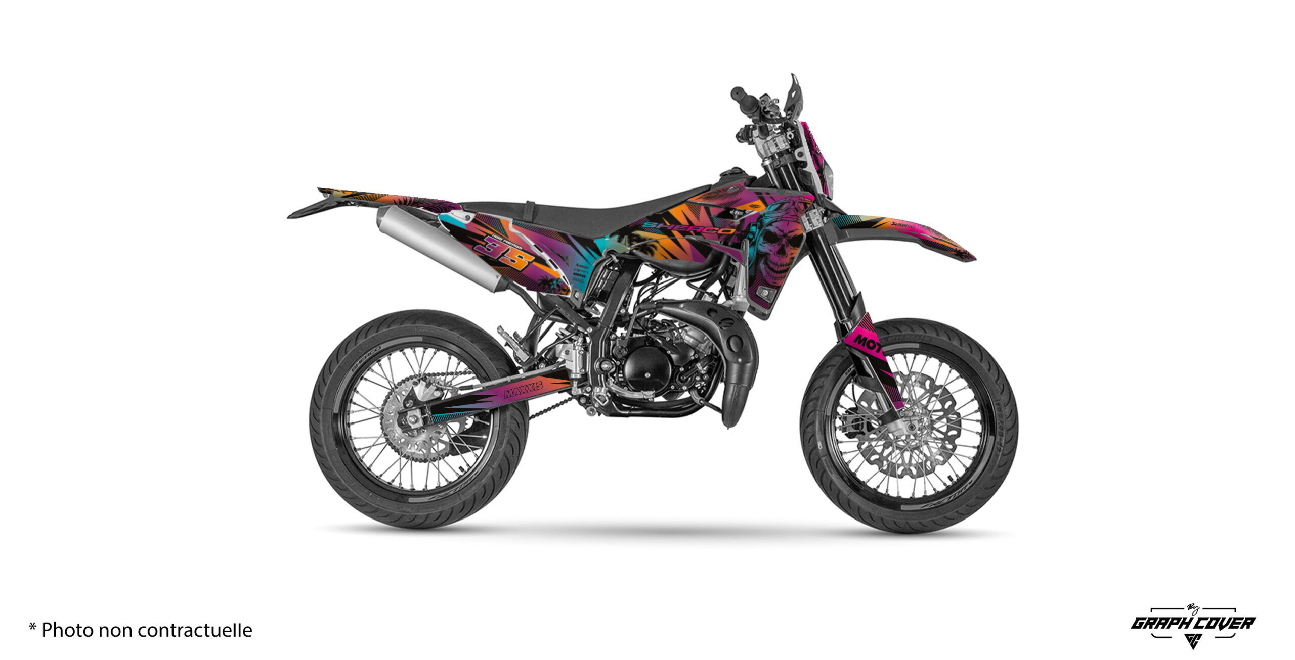 kit-deco-moto-cross-Sherco-se-sef-Skinoo-Rose-Bleu-3D Transforme ta Sherco en machine de caractère avec le Kit déco SM 50cc au design Skinoo. Expédition rapide avec suivi. Fabrication française