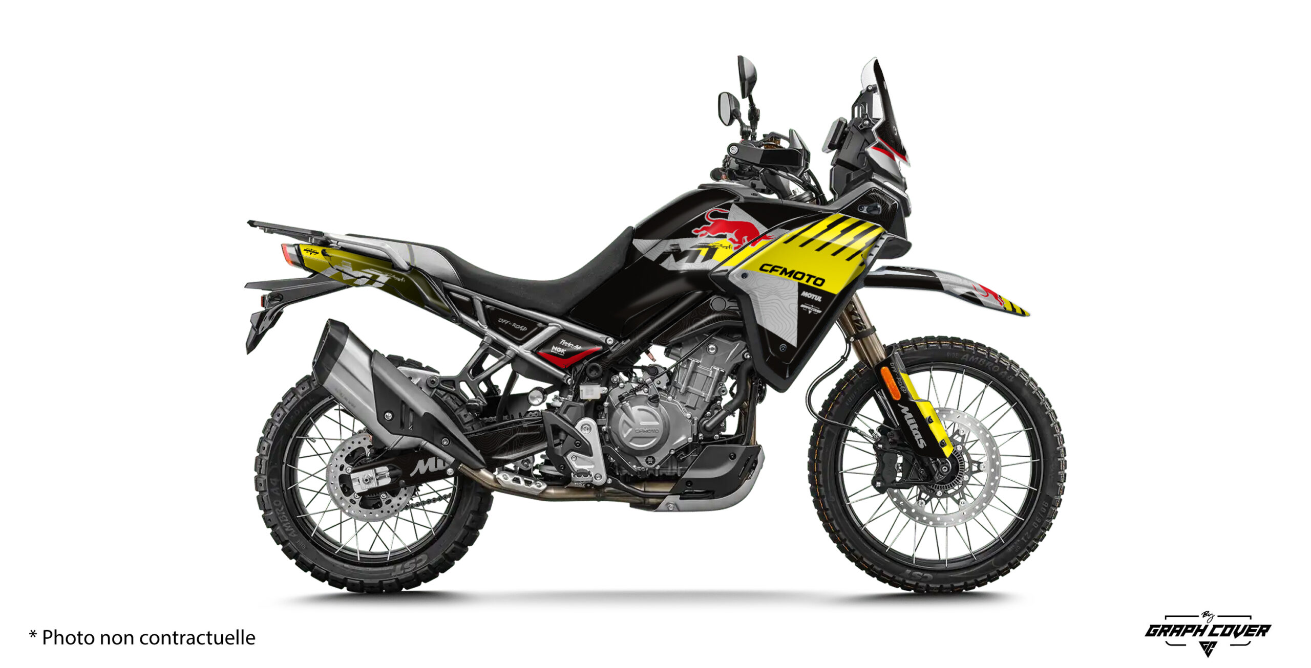 CF-Moto-450-MT-2024+-Tyr-Jaune-3D Offrez un nouveau style à votre moto avec les stickers CF Moto 450 MT. Le design Tyr transforme votre trail en véritable machine de rallye-raid.