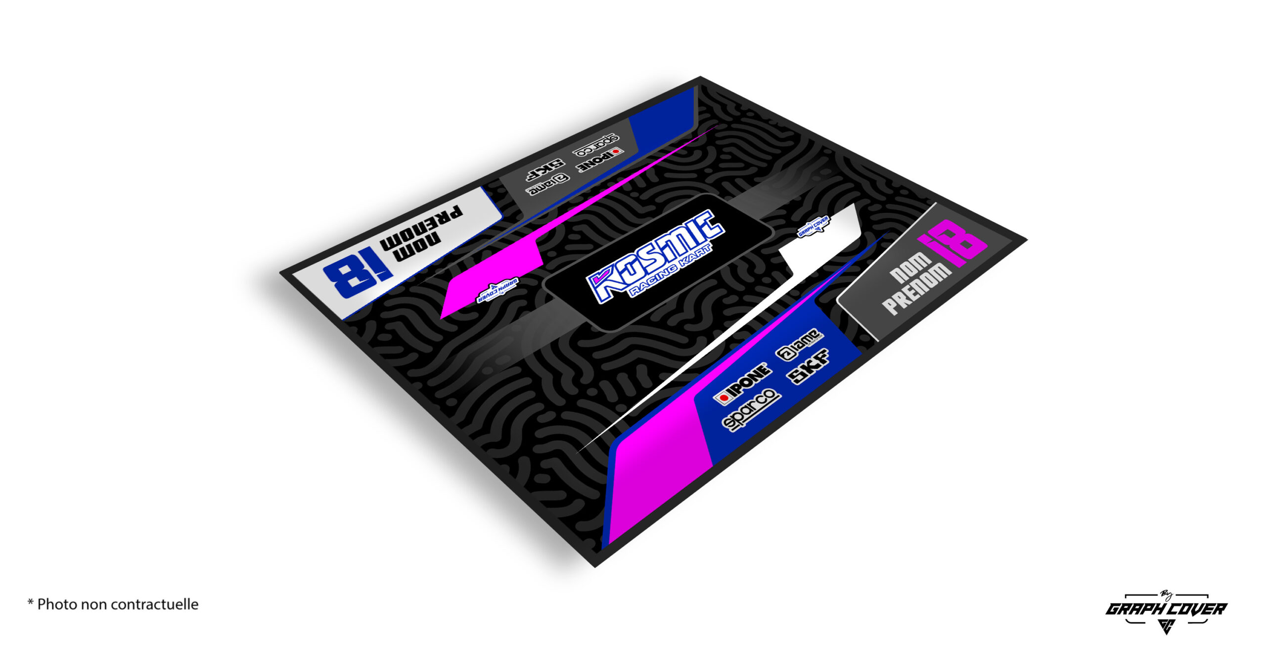 Optimise ton espace paddock avec le tapis environnemental pour châssis Kosmic signé Graph Cover, spécialement conçu pour les pilotes et teams exigeants qui souhaitent allier performance, respect des normes et image professionnelle.