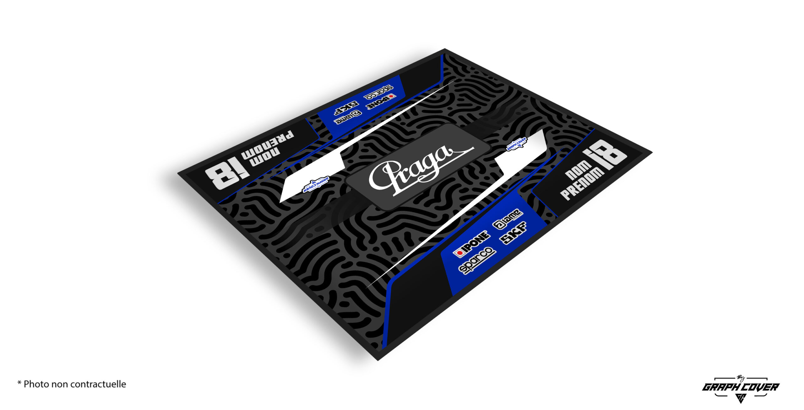 TAPISKARTINGMODEL2PRAGAB150x190_3D Le Tapis karting Praga est conçu pour les pilotes qui souhaitent allier esthétisme et conformité. Il protège efficacement le sol des hydrocarbures.