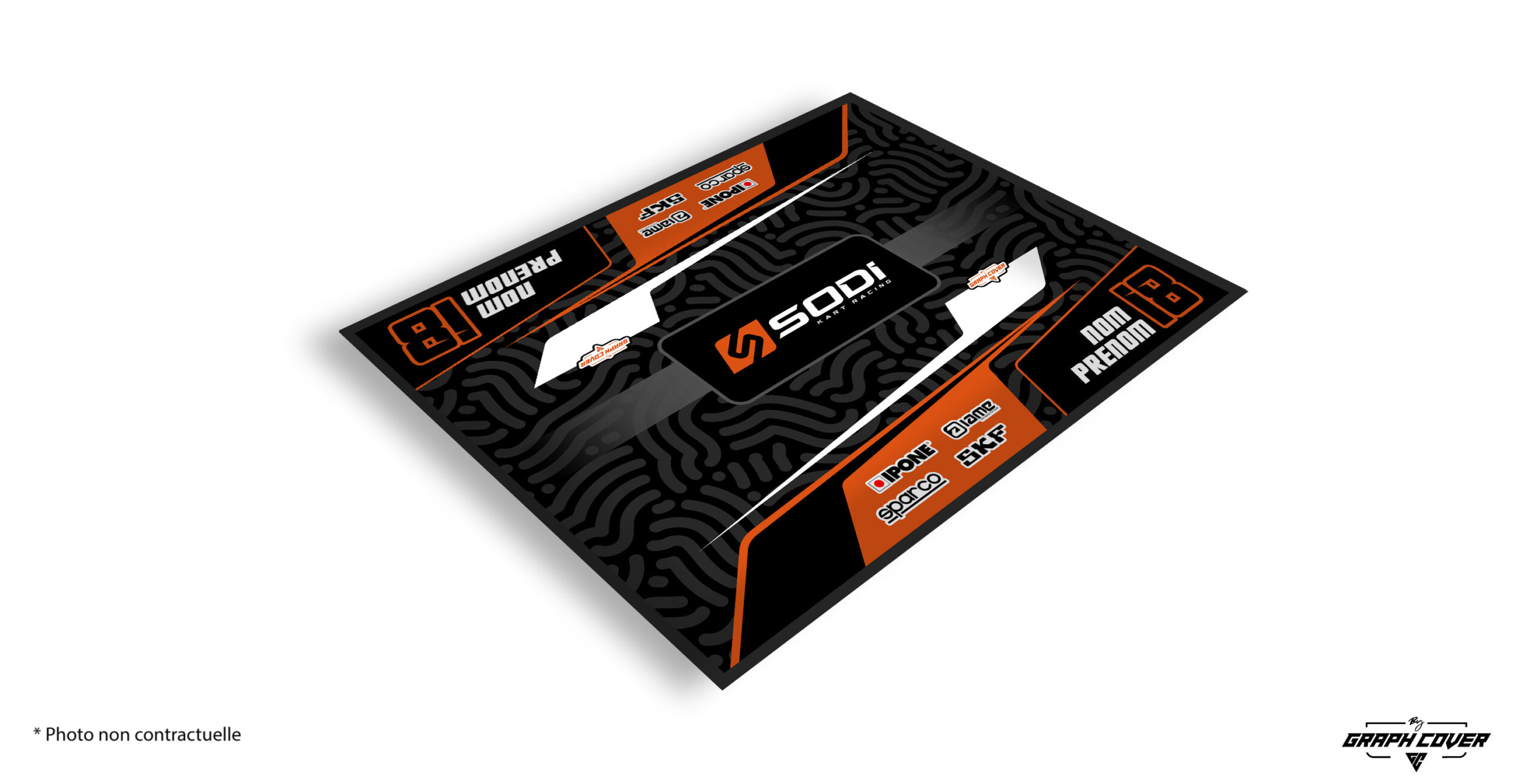 TAPISKARTINGMODEL2SODIO150x190_3D Le Tapis karting Sodi Graph Cover est conçu pour répondre aux exigences des pilotes et teams qui souhaitent sécuriser leur espace paddock tout en soignant leur image professionnelle.