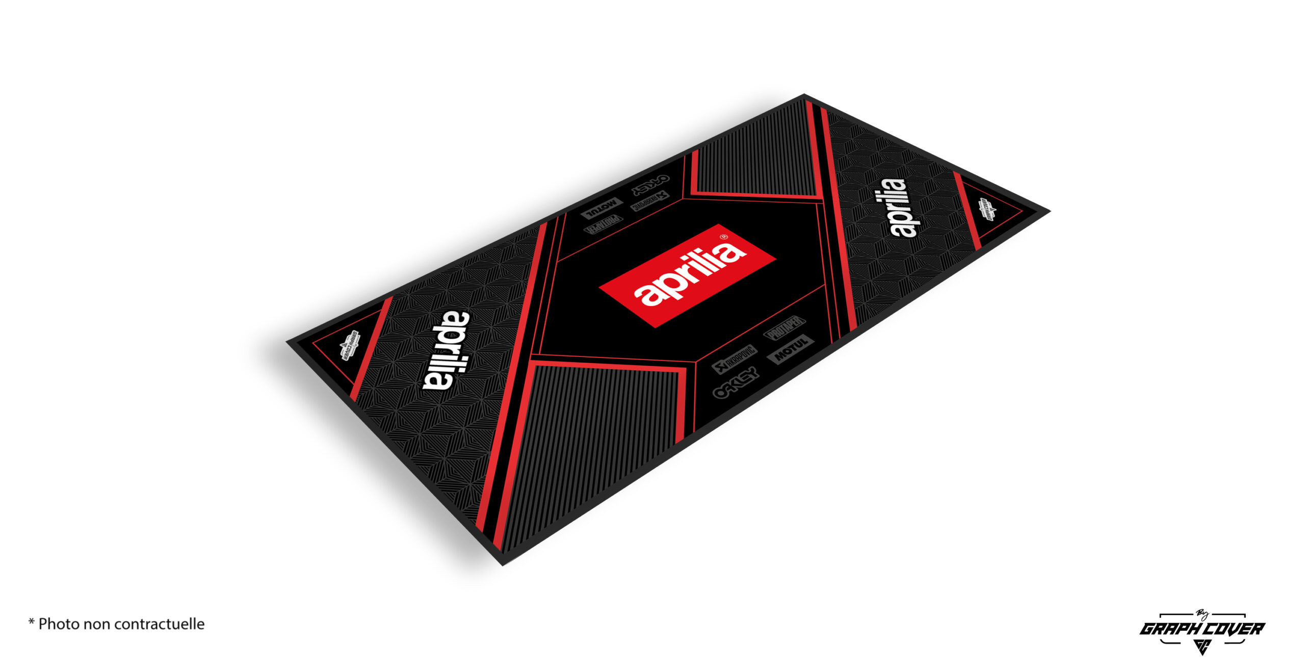 TAPISMOTOMODEL3APRILLIAN95x200_3D La signature racing italienne à vos pieds Le tapis moto personnalisable Aprilia Modèle 3 est une pièce maîtresse pour les passionnés de la marque italienne.