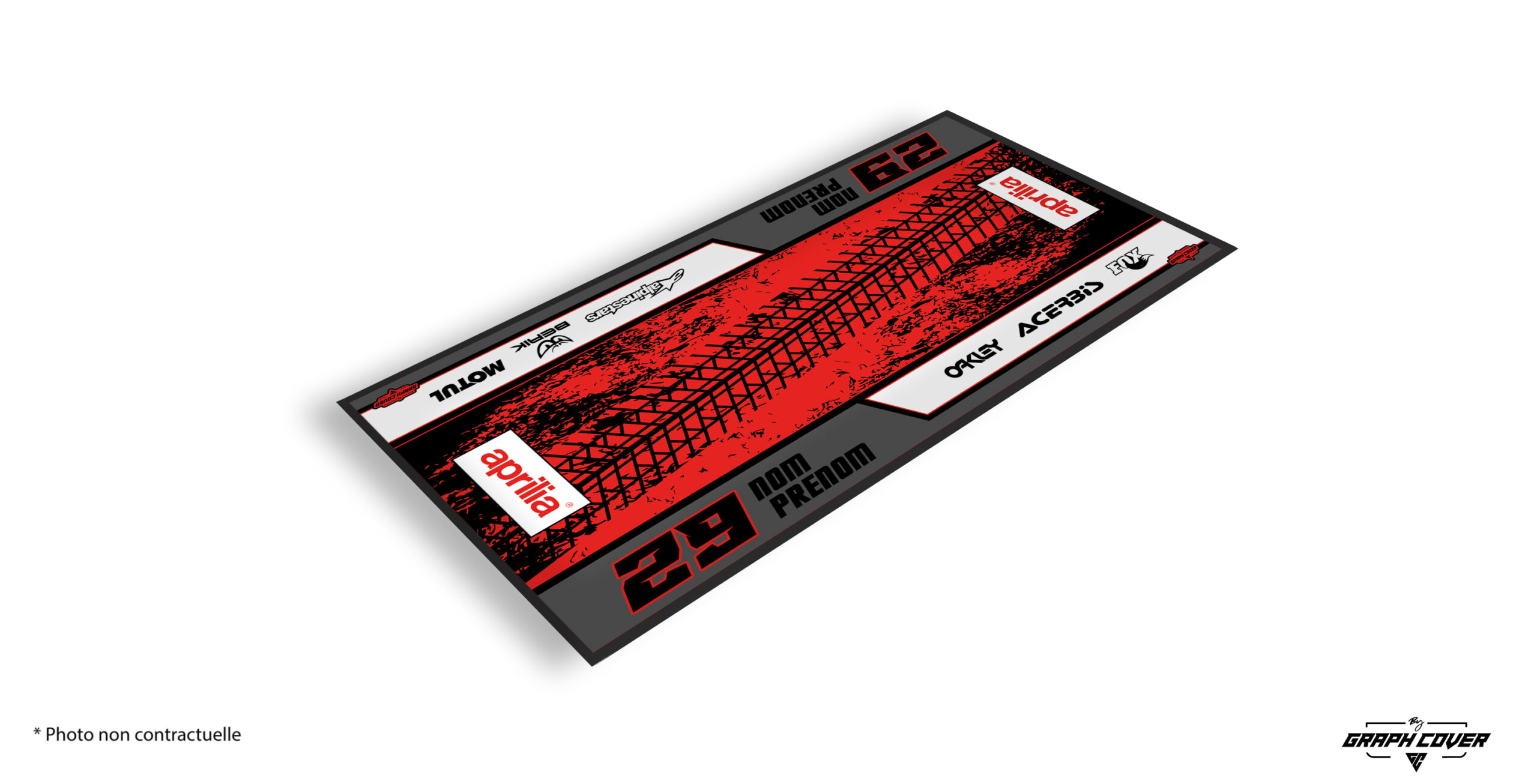 TAPISMOTOMODEL6APRILLIANR95x200_3D Le tapis moto Aprilia personnalisé Modèle 6 allie design sportif, technicité et personnalisation premium. Conçu pour les pilotes exigeants, il reflète toute la puissance et l’identité racing de la marque italienne.