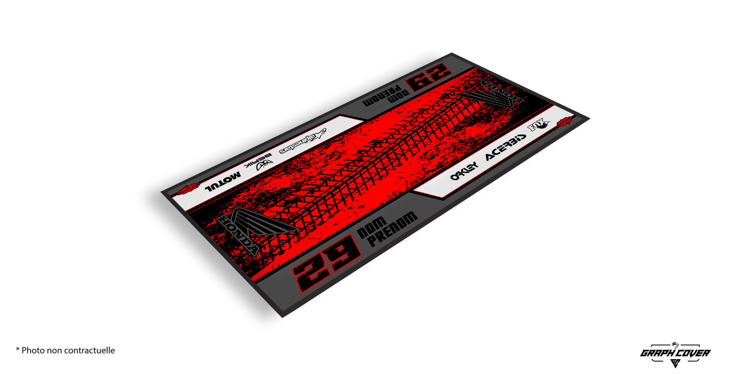 TAPISMOTOMODEL6HONDANR95x200_3D L’icône japonaise dans ton paddock. Le tapis moto Honda personnalisé Modèle 6 rend hommage à la légendaire marque ailée. L’esprit de la performance.