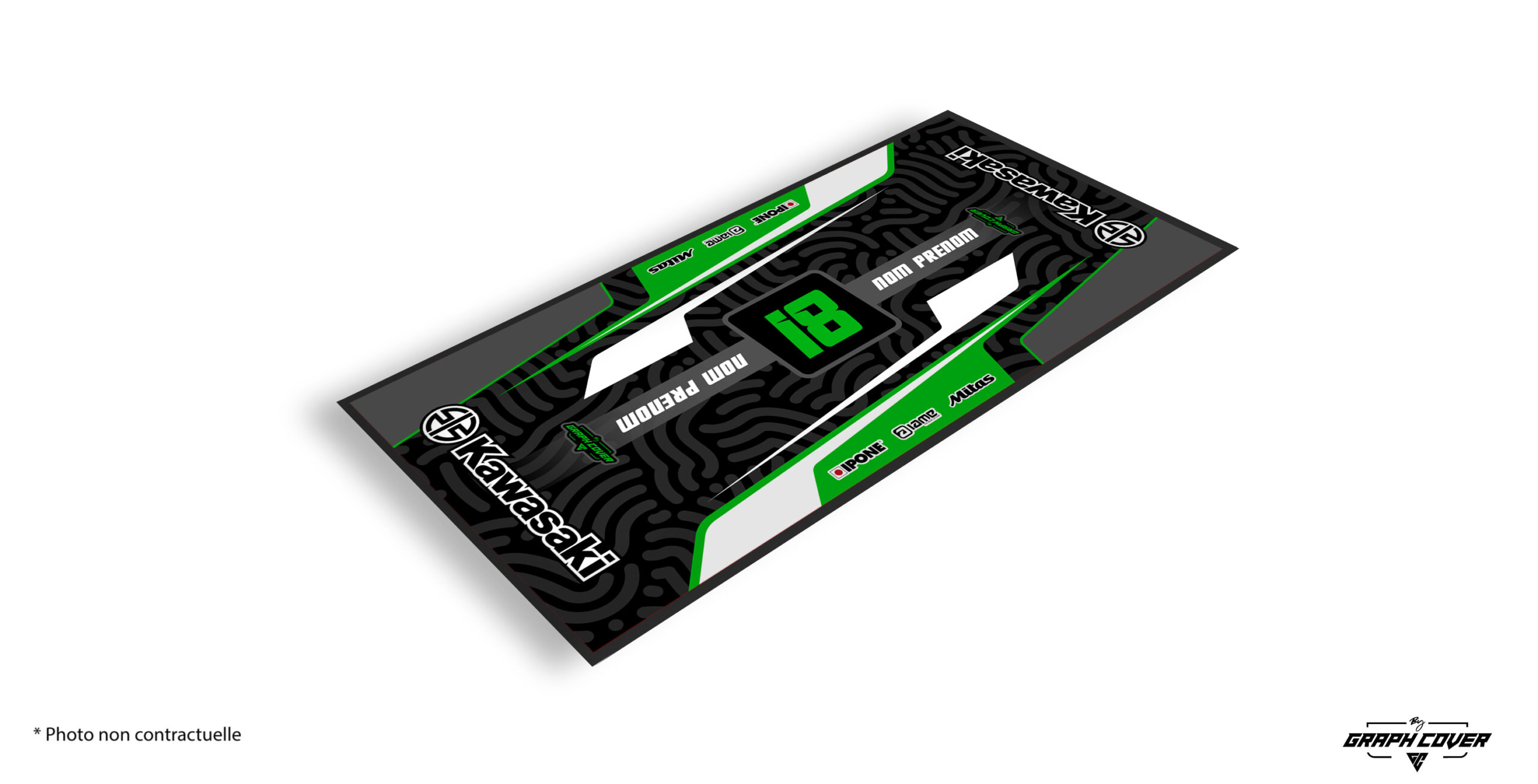 TAPISMOTOMODEL7KAWASAKIV95x200_3D Fais briller ton espace de travail ou de compétition avec le tapis moto Kawasaki, un modèle haut de gamme pensé pour les pilotes et passionnés de la marque.