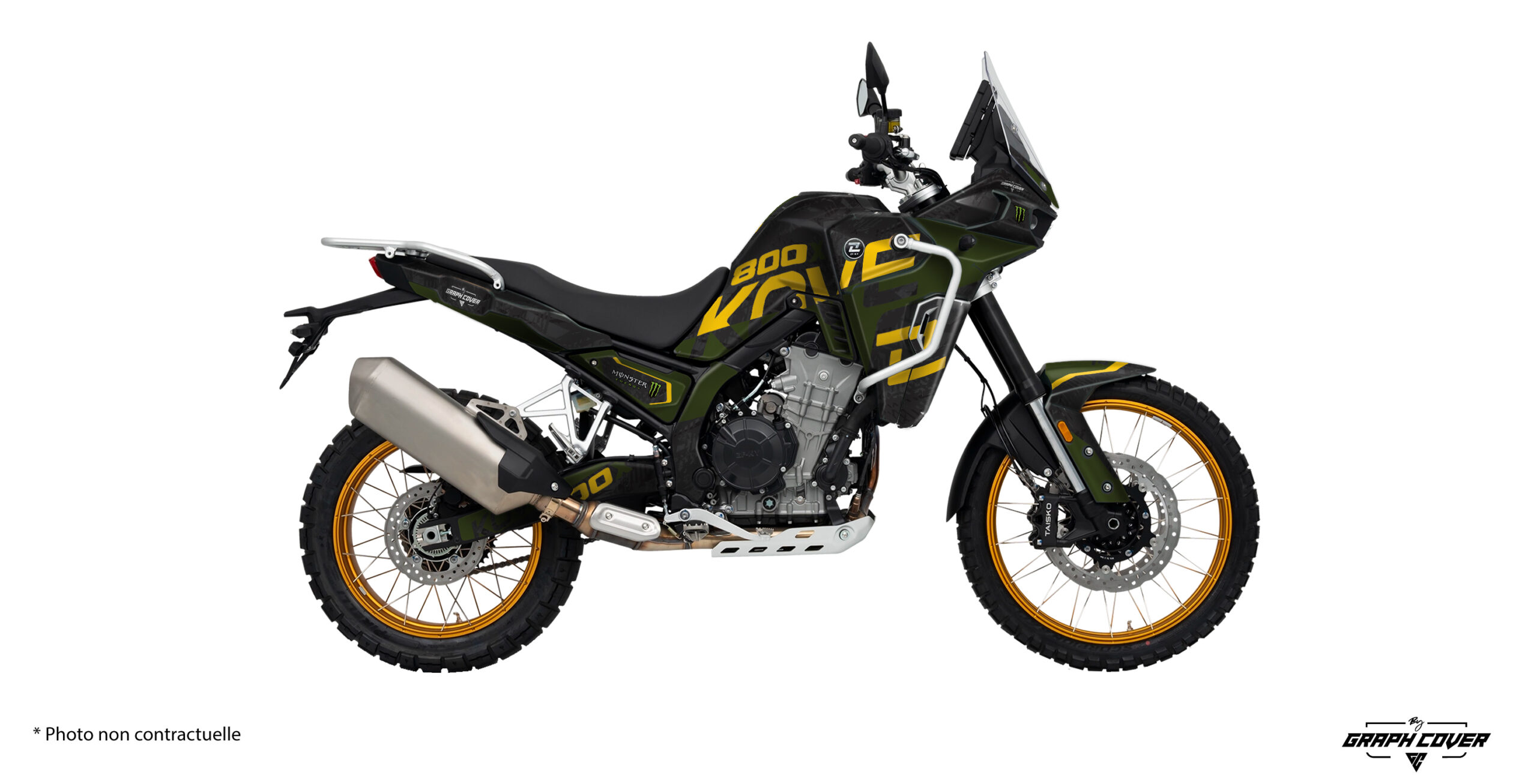 Le Kit déco Kove 800x Rally Jakarta s’inspire des grandes aventures au long cours. Dès le premier regard, ce design évoque le voyage et l’engagement.