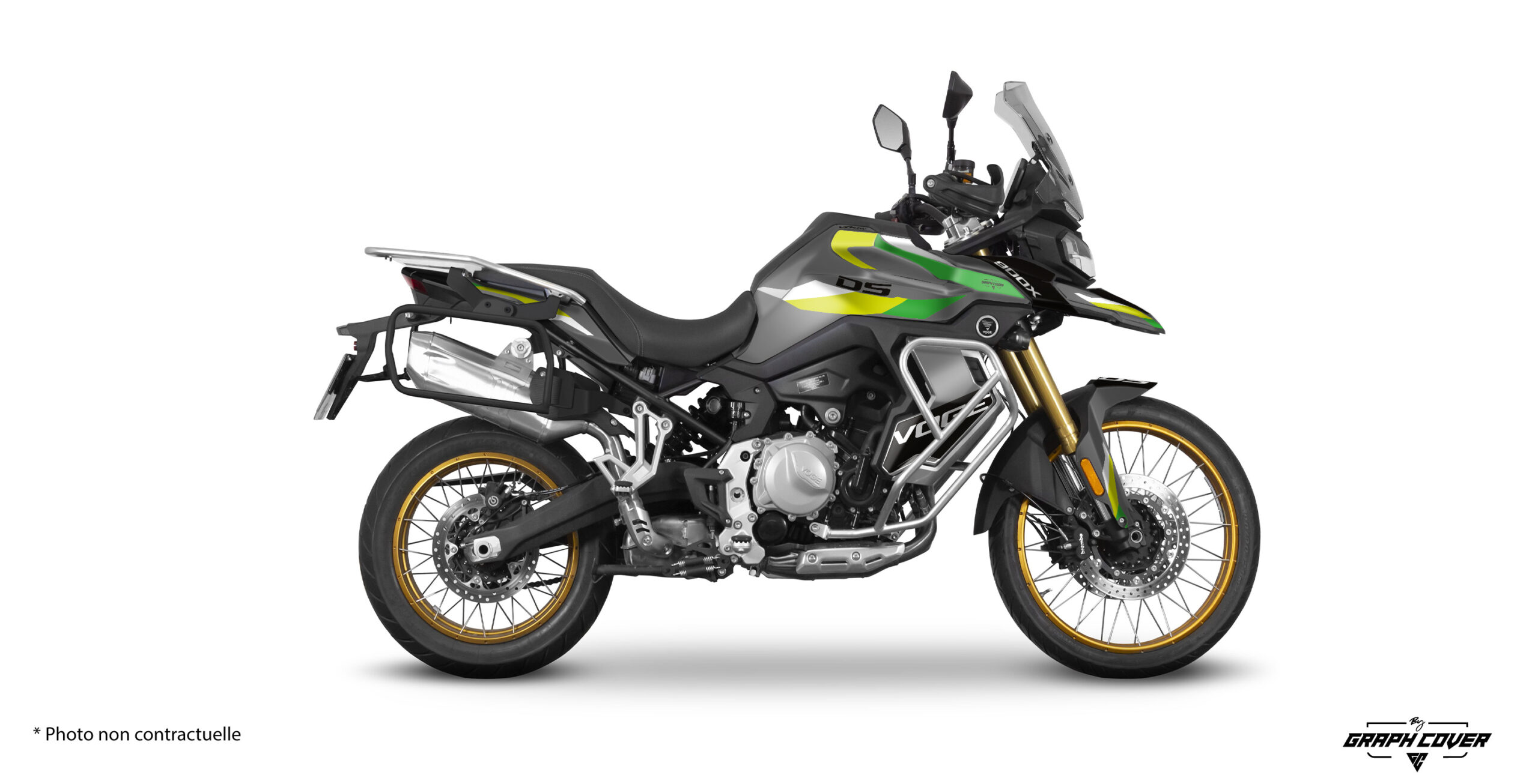 Kit déco Voge DS 900X Safety en version light ou full. 3 coloris disponibles. Personnalisable (couleurs, logos). Options vinyles fluo, chrome, holo + finitions mat, pailleté, bumby.