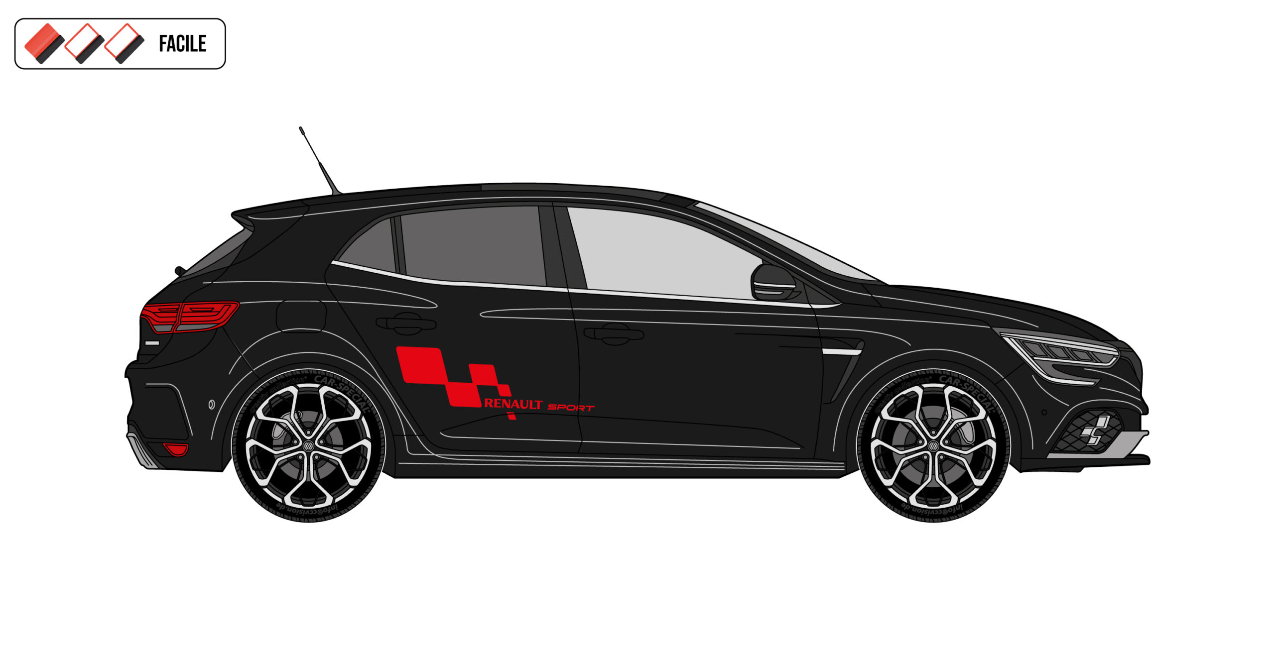 RMEG4RSCHECKERED3D Ajoutez un look racing à votre Renault Mégane avec les Stickers Damiers Renault Sport. 3 tailles (30/60/90 cm), couleurs au choix, pose facile.