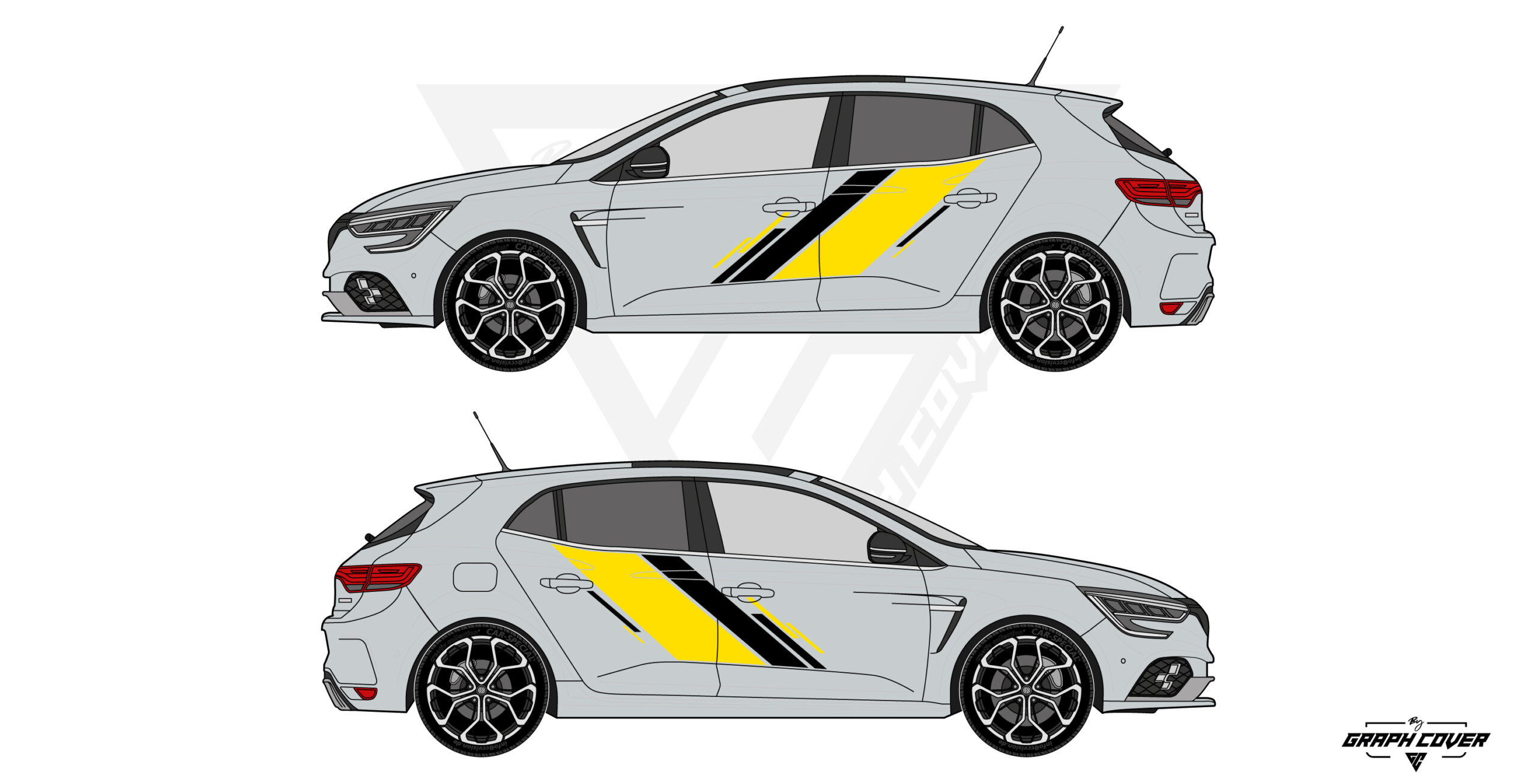 Kit Stickers Racing Mégane design Slash bandes latérales sport noir jaune