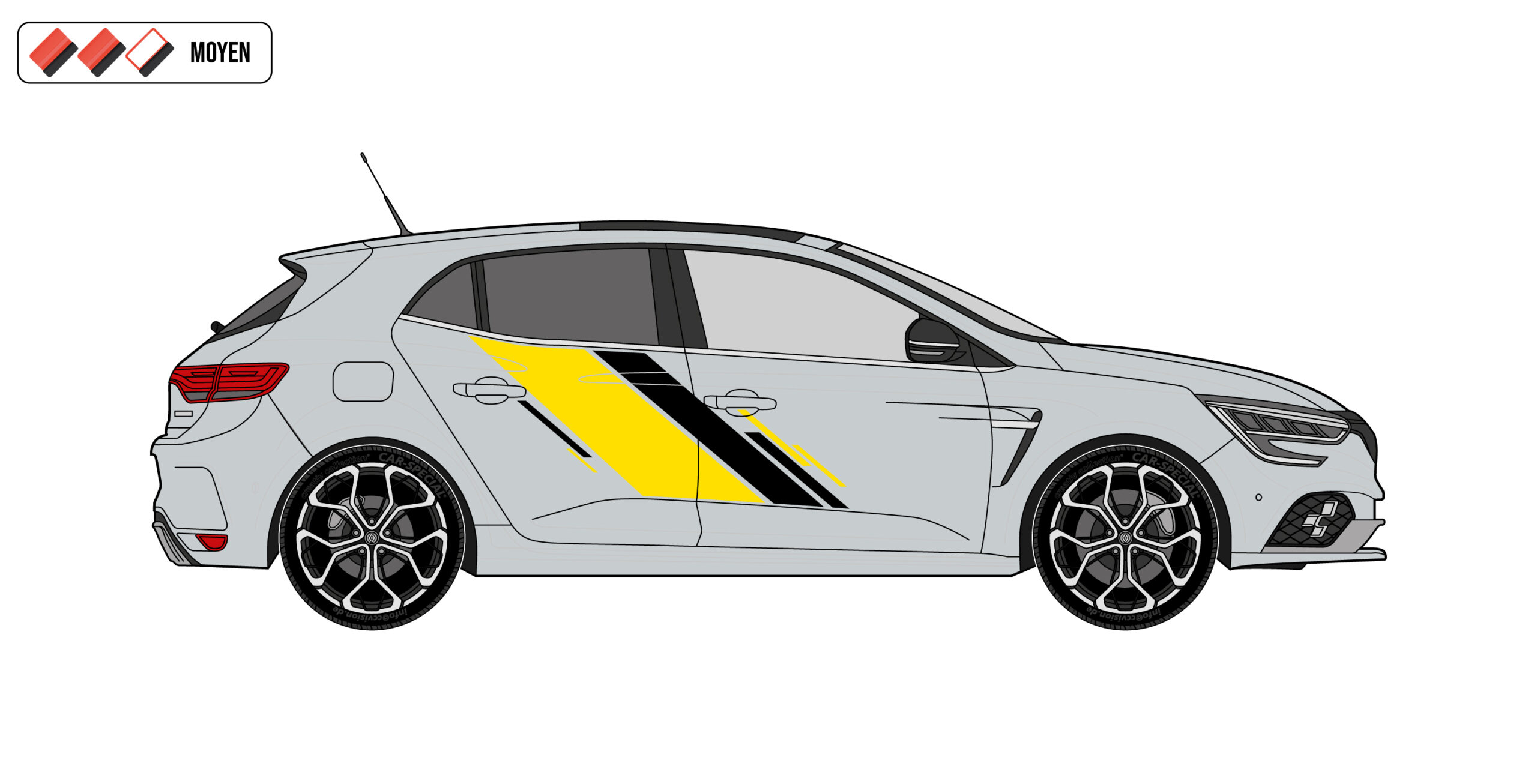 Kit Stickers Racing Mégane design Slash : bandes latérales sport, look Renault Sport. Couleurs au choix, finitions premium, pose intermédiaire.