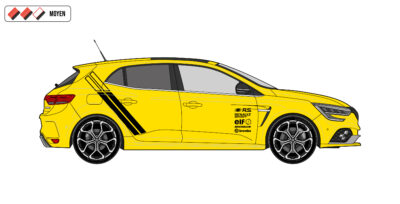 Bandes latérales Mégane Trophy design Track : look Renault Sport racing, couleurs personnalisables, vinyles premium, finitions au choix. Pose intermédiaire.