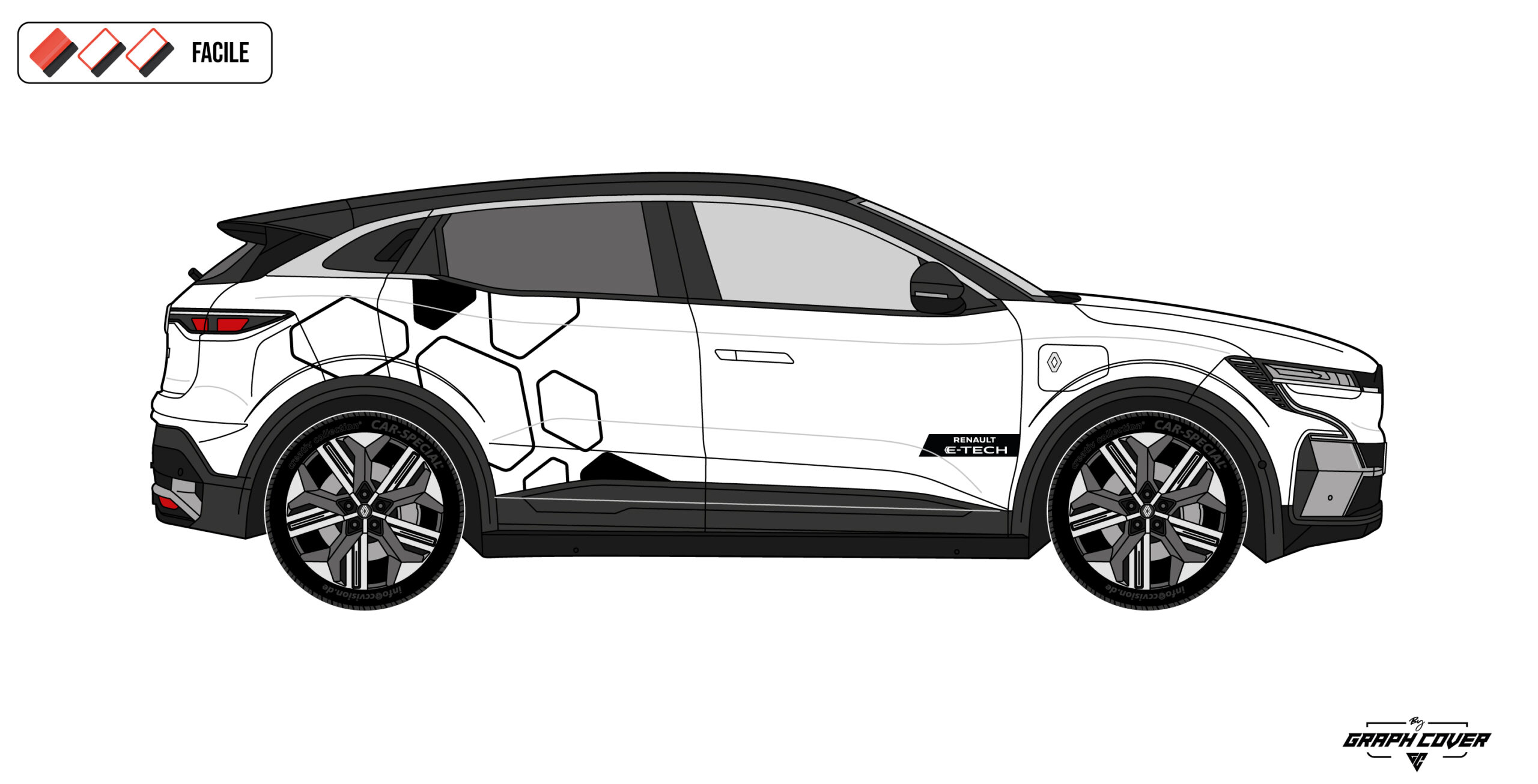Le Kit stickers Mégane E-Tech diamants Hexa Line apporte une touche graphique moderne et affirmée à la Renault Mégane E-Tech EV.