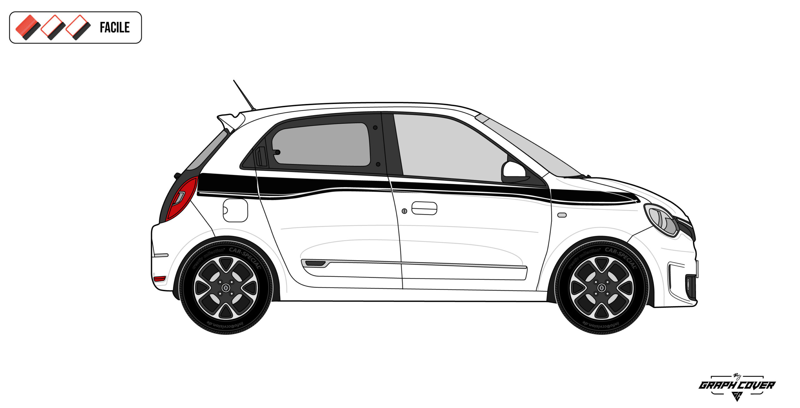 Le Kit stickers bandes GT Twingo Bandes GT s’inspire directement des bandes décoratives d’origine. Pose facile et finitions au choix pour Renault Twingo.