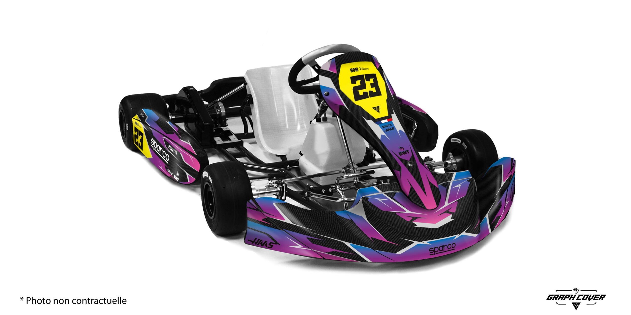 KG-506-Speed-violet-rose-3D Stickers karting KG 506 design Speed : un kit déco racing, personnalisable et dynamique. Options vinyle et finitions au choix pour un kart au style unique.