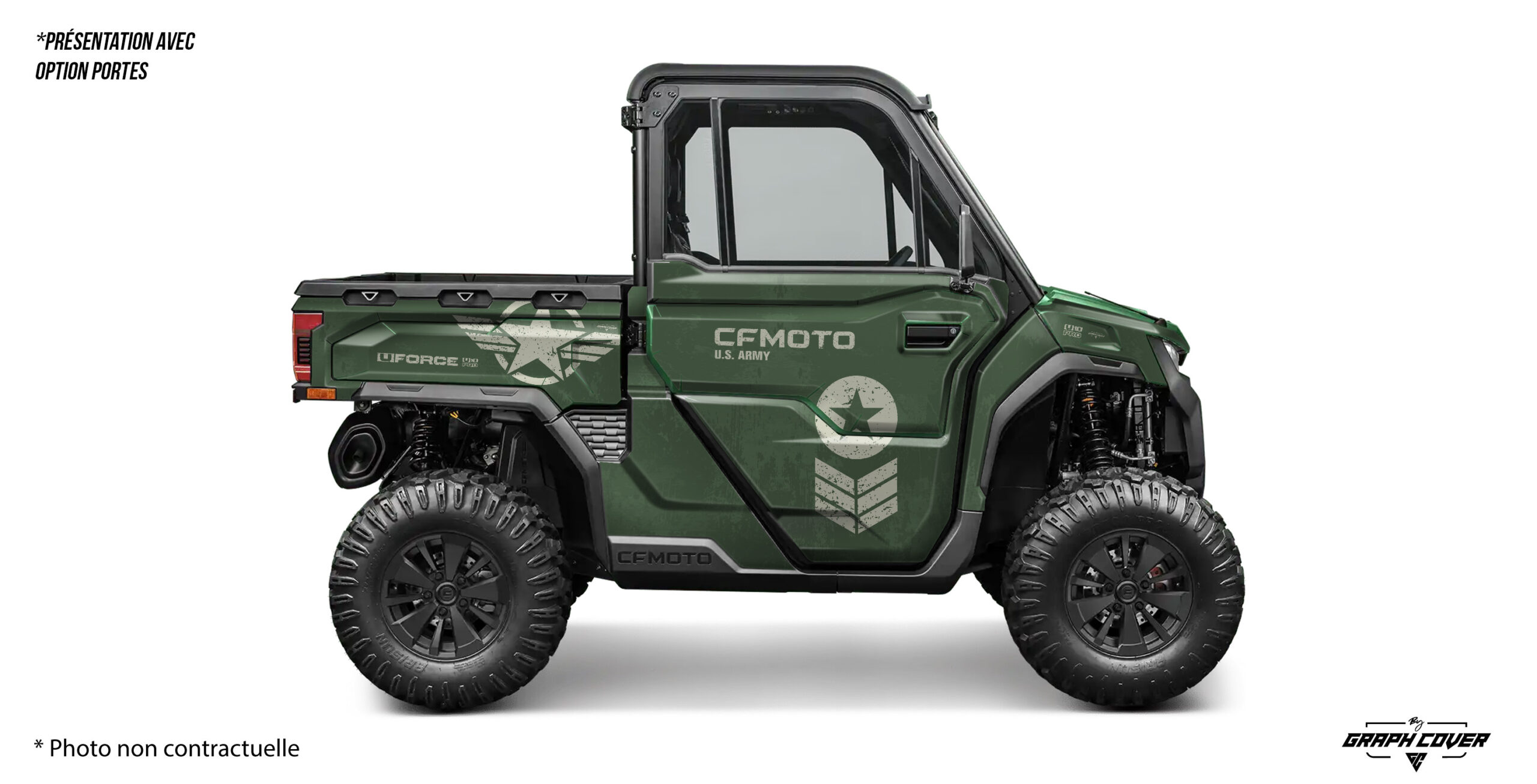 Kit-déco-Cf-Moto-Uforce-1000-Pro--25+-Army-Vert-3d Kit déco Ufroce U10 Pro design Army. Version light ou full personnalisable, vinyle 100 microns avec finition brillante 340 microns. Style militaire robuste.