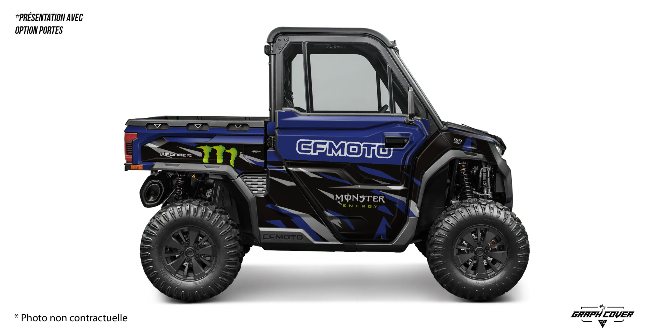 Stickers CfMoto Uforce 1000 Pro design Tory. Version light ou full personnalisable, vinyle 100 microns avec finition brillante 340 microns, style racing dynamique.