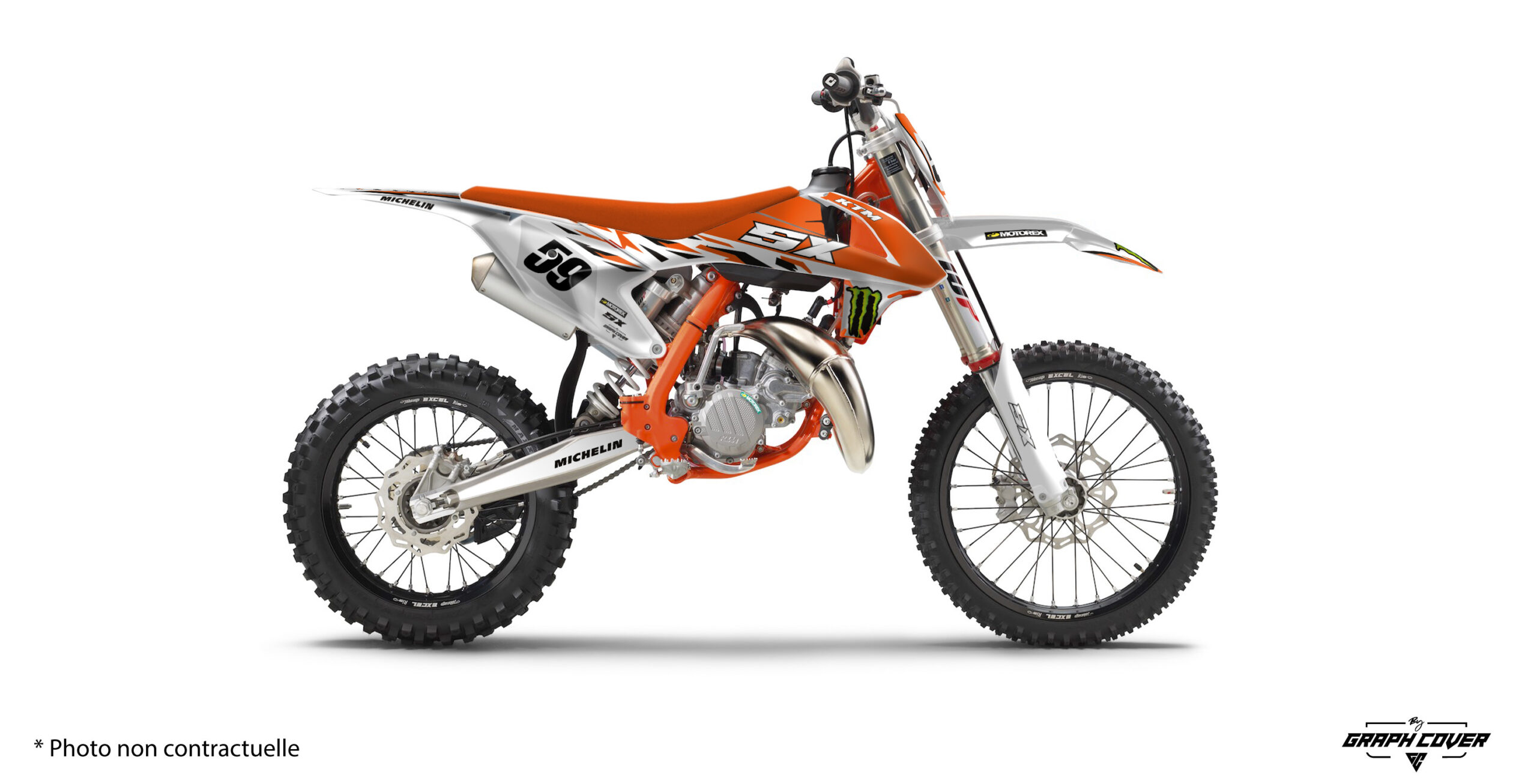 Kit déco motocross SX85 Tory : version fonds de plaques ou full, personnalisation pilote et vinyle premium 100 microns avec finition 340 microns.