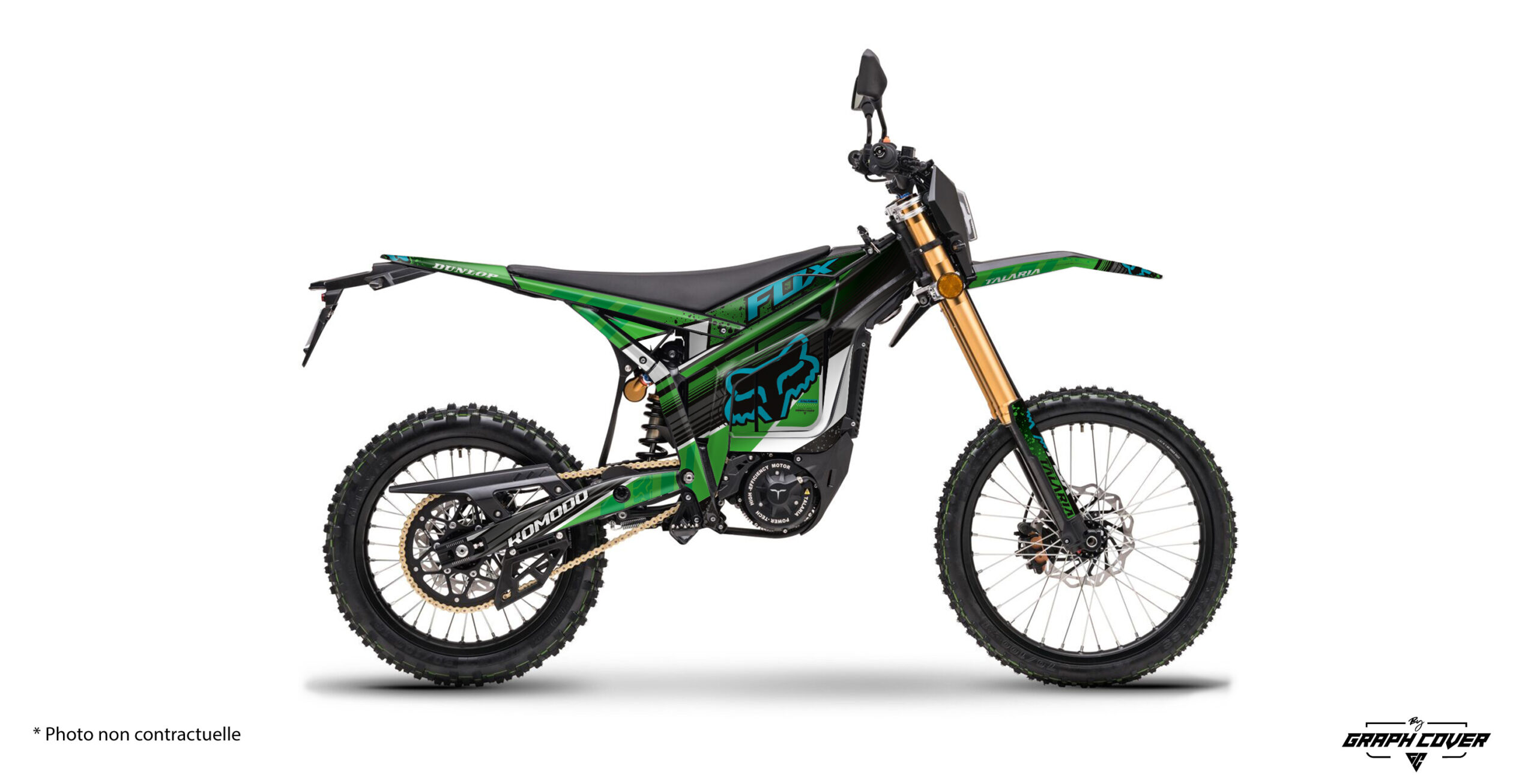 Stickers autocollant Talaria Komodo design Rockx. Kit déco moto électrique personnalisable avec vinyle blanc finition brillante et options fluo, chrome ou bumpy.