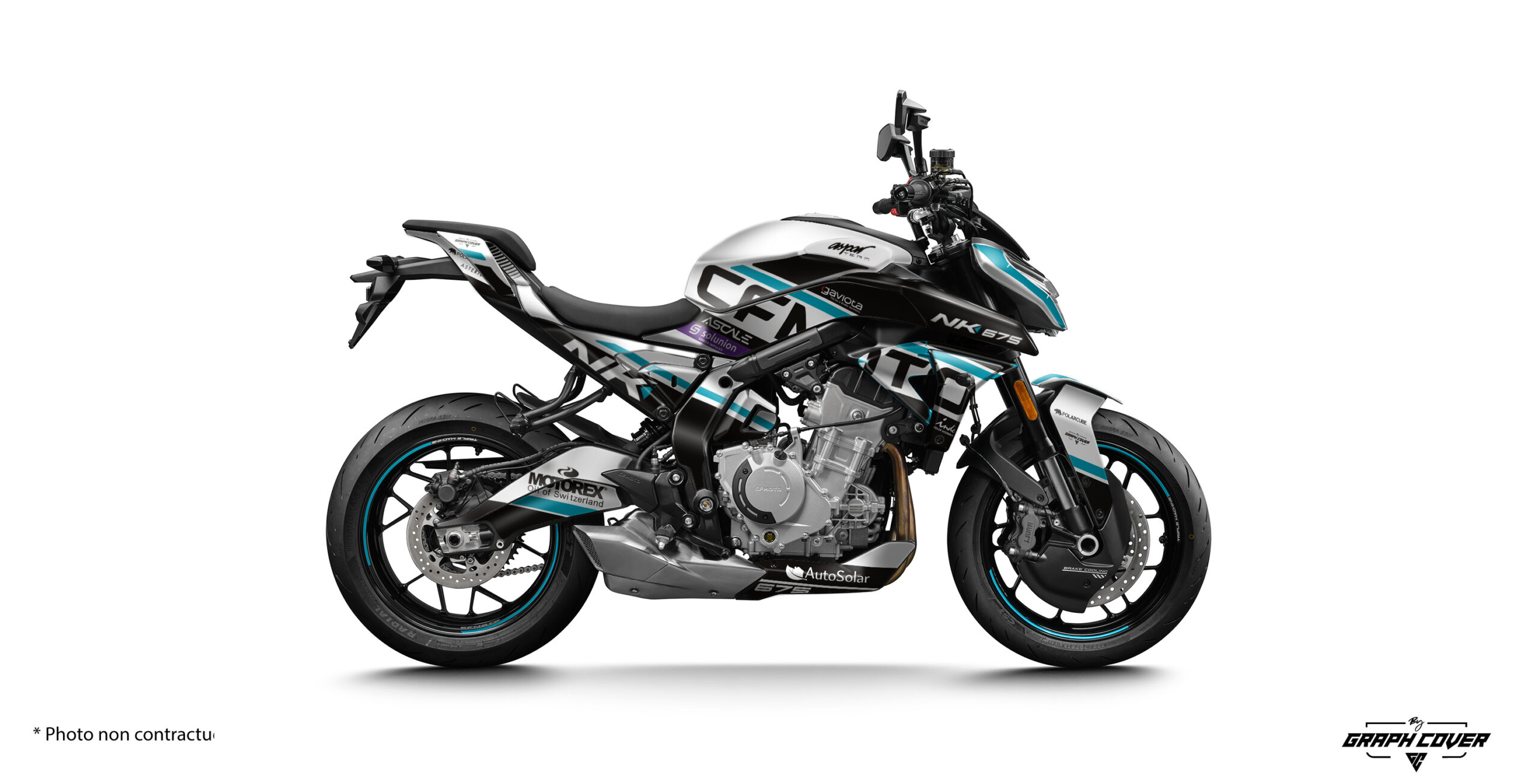 CFMoto-NK-675-2025+-GP3-Blanc_3D Kit d'autocollants 675 NK GP3 pour CF Moto 675 NK. Disponible en version Light ou Full, personnalisable avec nom, numéro, couleurs, logos et finitions premium.