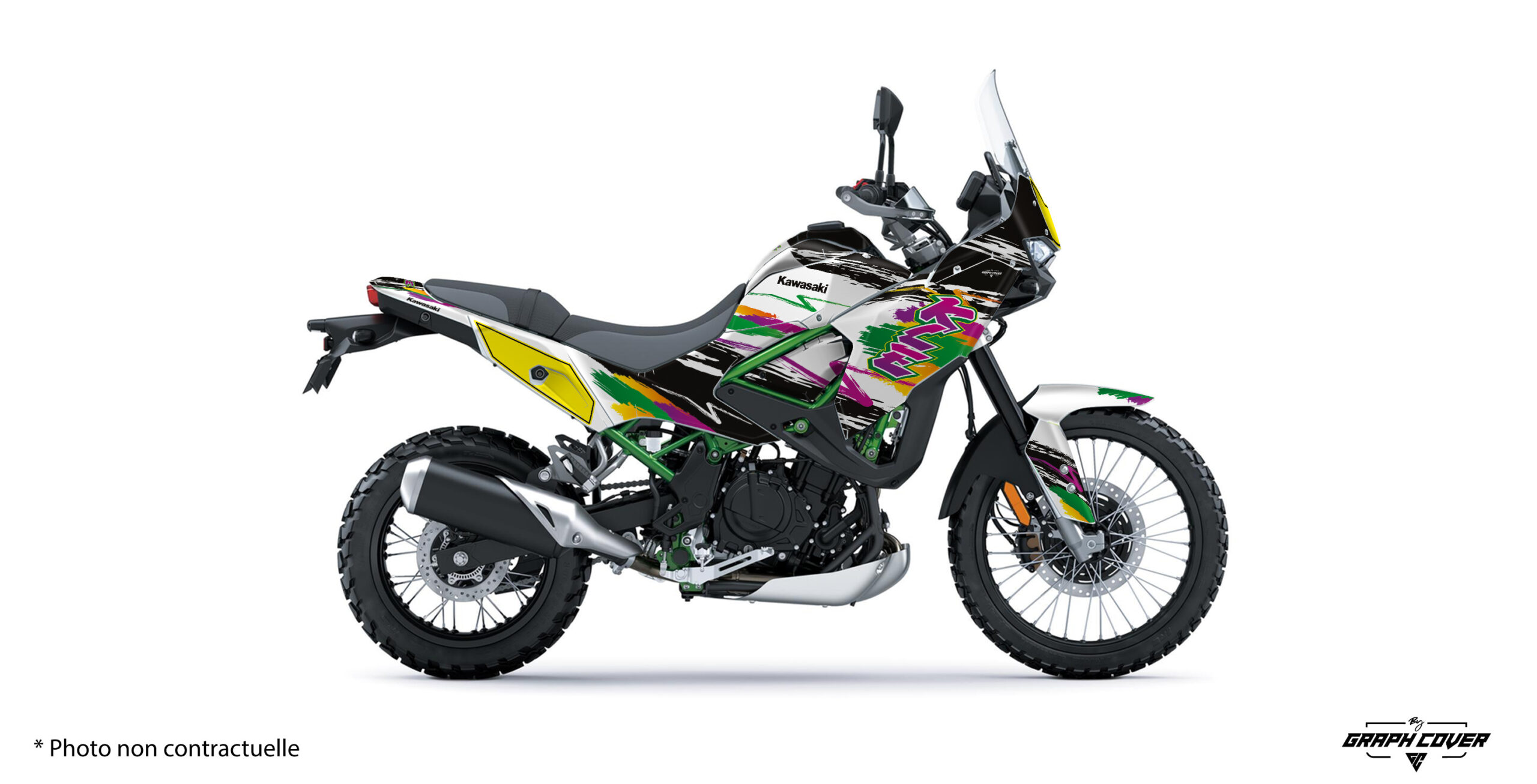 Kit déco Kawasaki KLE 500 Groovy rétro racing coloré. Disponible en version Light ou Full, personnalisable et finitions premium. Fabrication française.
