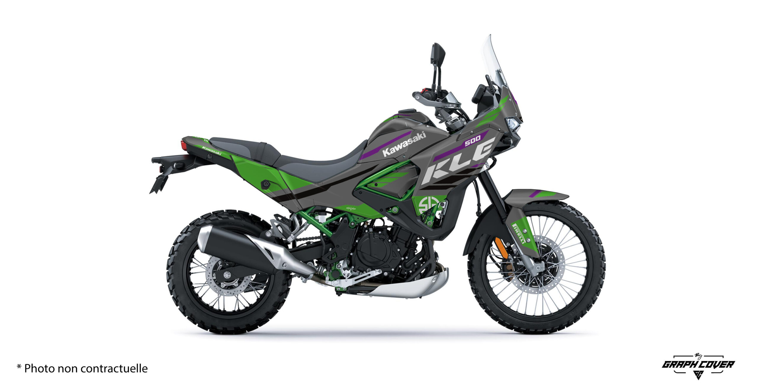 Kit déco KLE500 design Reca pour Kawasaki KLE 500. Disponible en version Light ou Full, personnalisable avec nom, numéro, couleurs et logos. Fabrication française sur vinyle premium haute résistance.