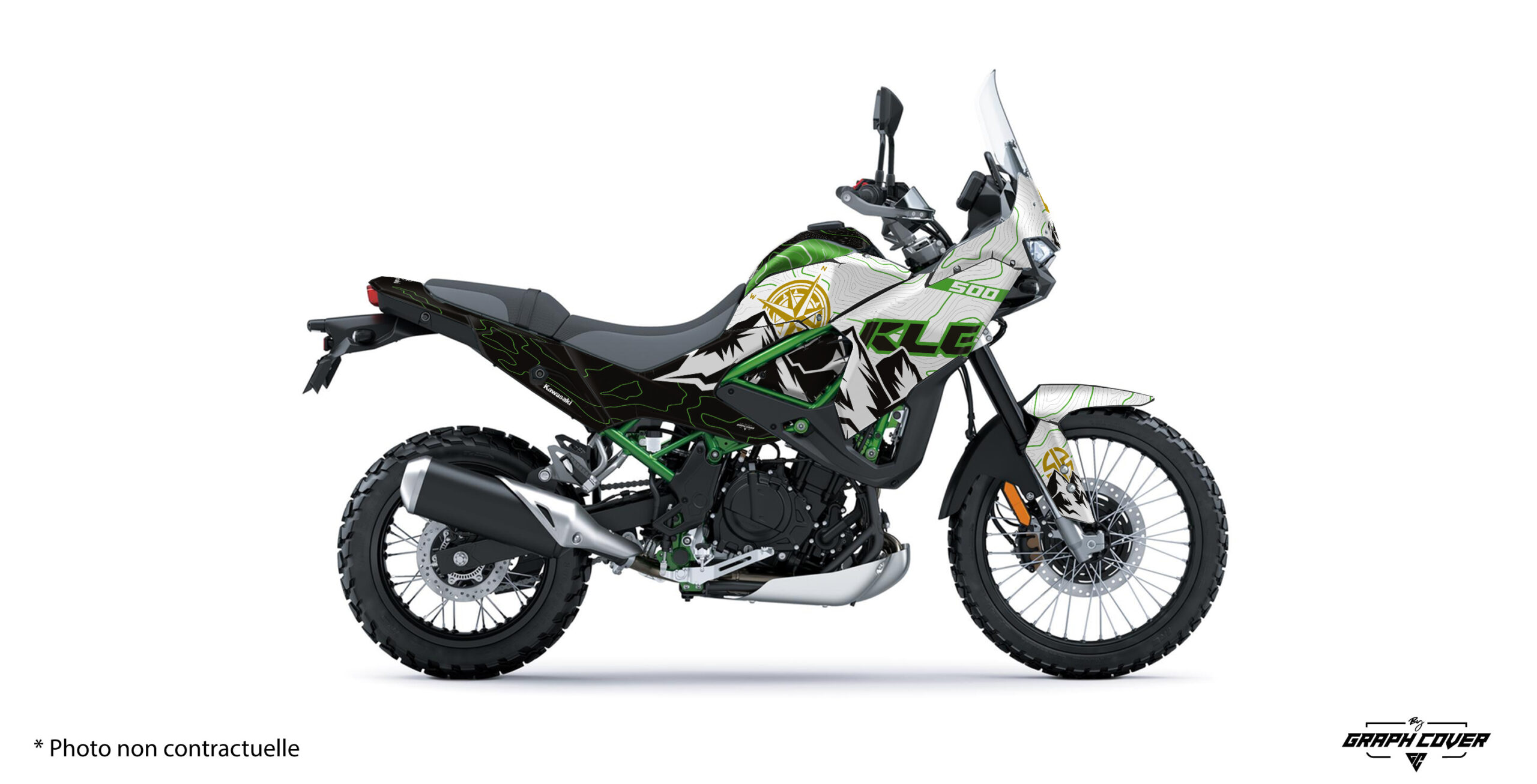 Kit-déco-Kawasaki-KLE-500-26+-Travel-Blanc-3D Kit déco Trail KLE 500 Travel. Design inspiré des cartes topographiques, des montagnes. Fabrication française sur mesure avec options de personnalisation.