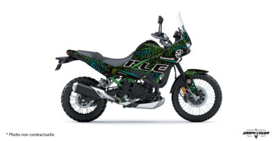 Kit déco KLE500 Kawasaki Zikzak au style géométrique racing. Disponible en version Light ou Full, personnalisable avec nom, numéro, couleurs et logos. Fabrication française haute qualité.