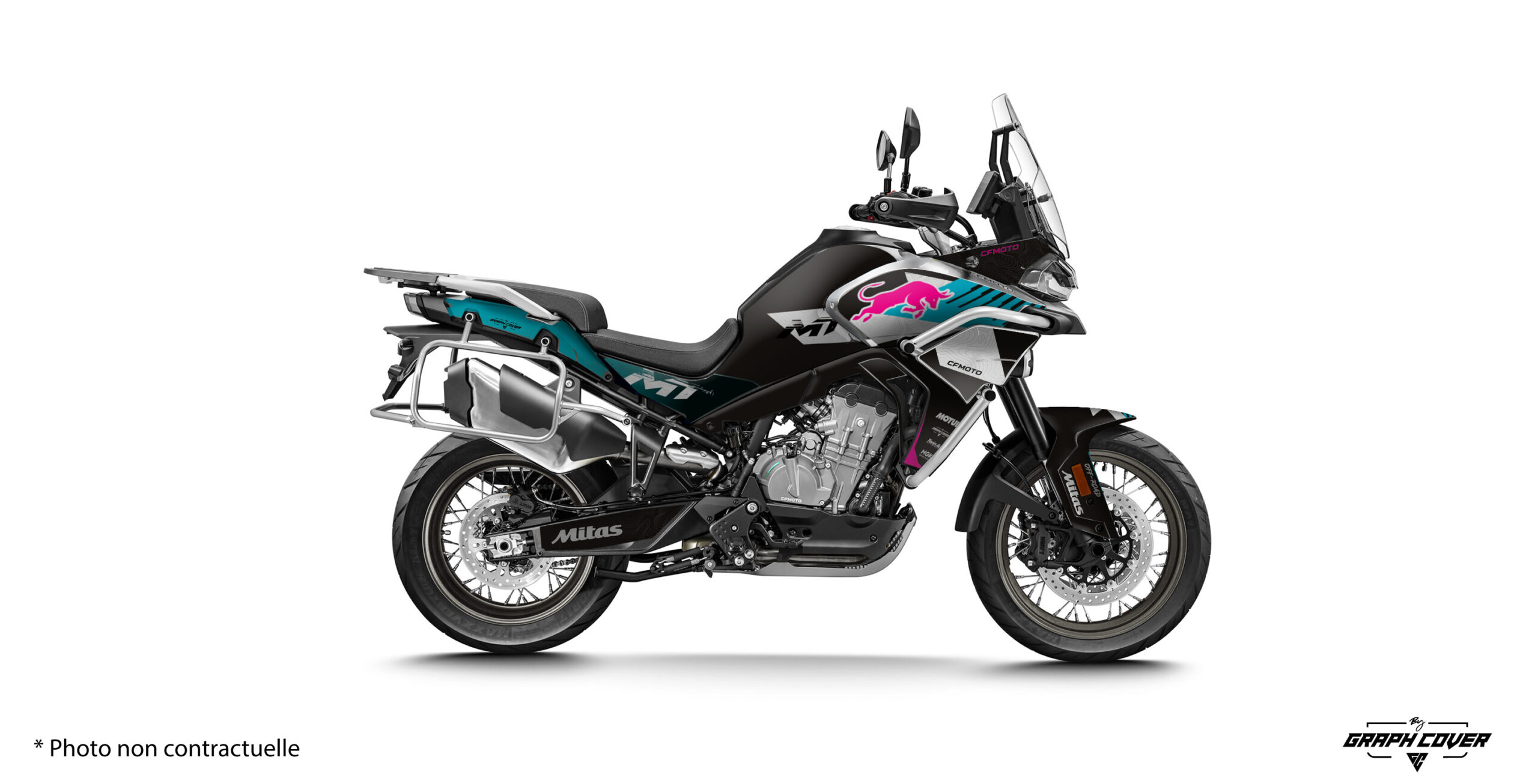 Kit déco Ibex 800 Tyr pour CFMOTO 800 MT avec design inspiré du rallye, fabrication française sur vinyle premium et nombreuses options de personnalisation.
