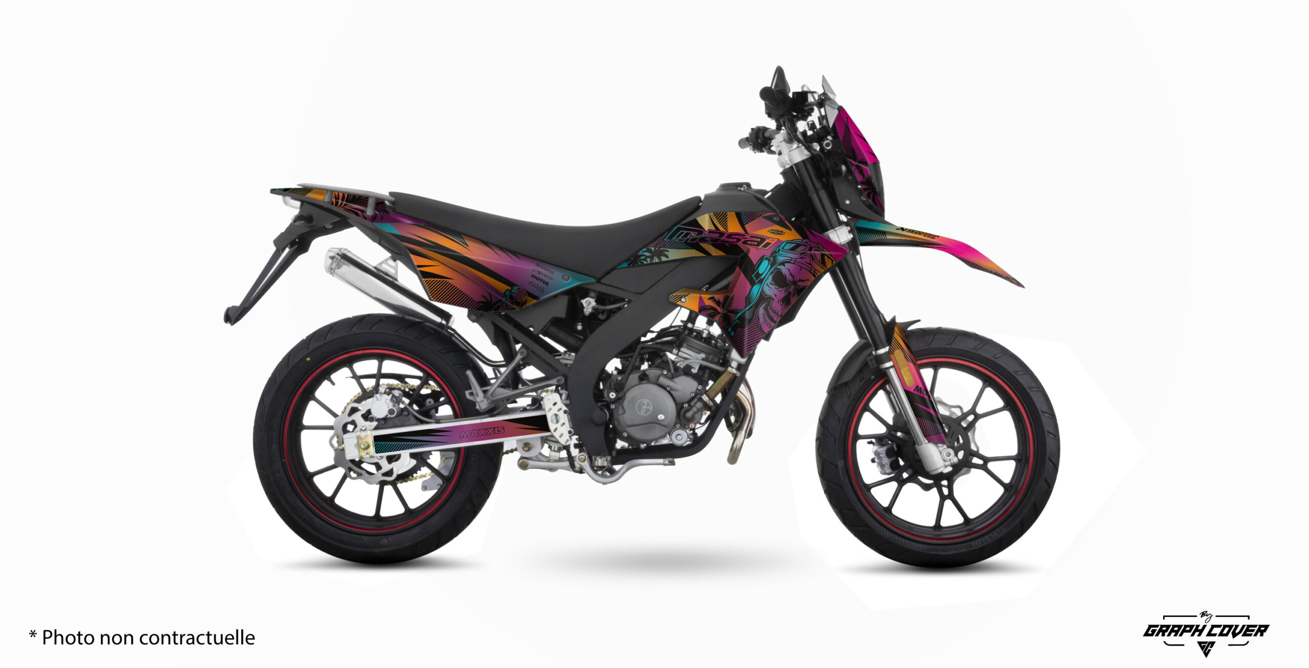 Personnalisez votre moto avec le Kit déco Masai X-Ray 50 Skinoo. Design tropical , fabrication française, vinyle premium et personnalisation sur mesure.