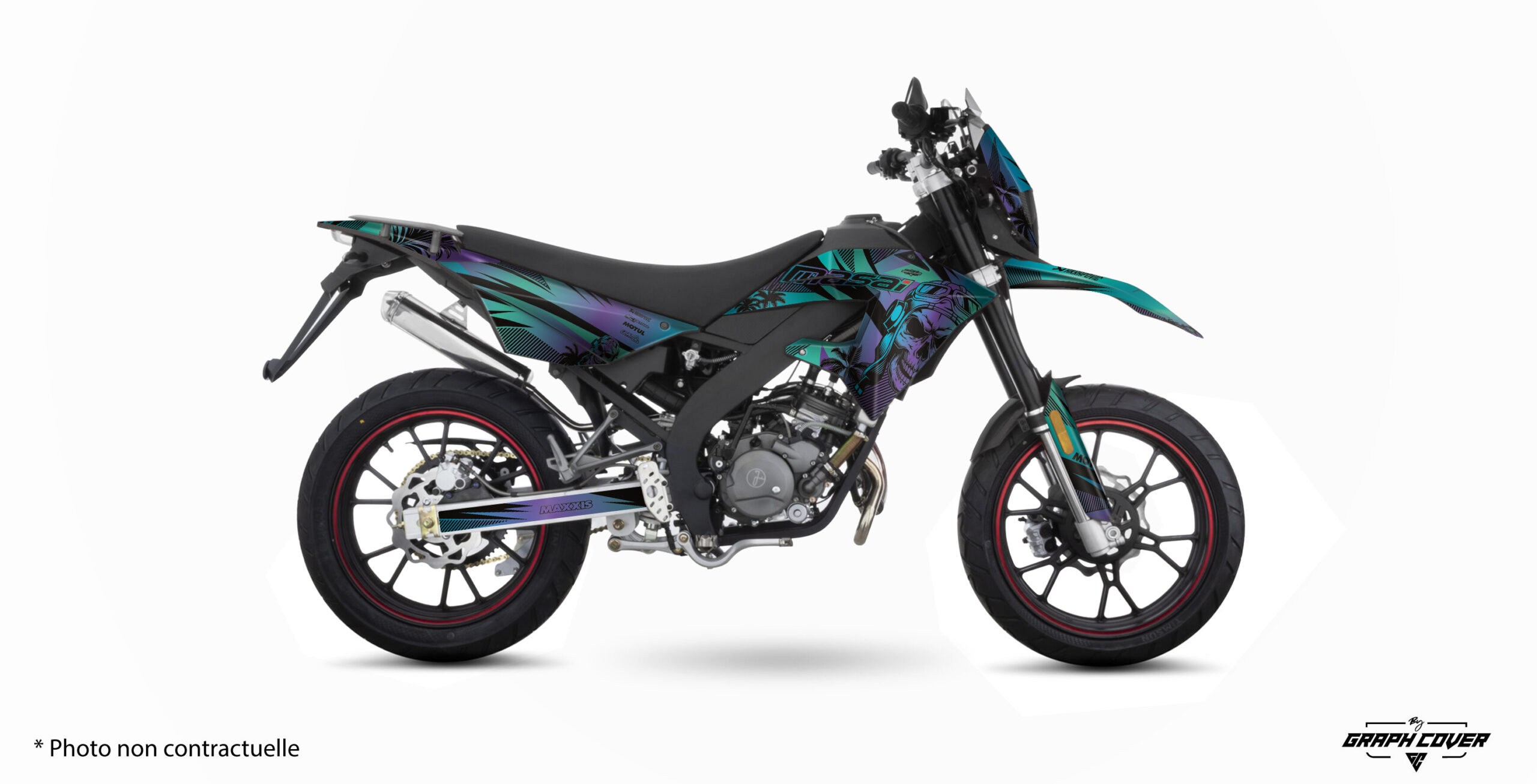 Personnalisez votre moto avec le Kit déco Masai X-Ray 50 Skinoo. Design tropical , fabrication française, vinyle premium et personnalisation sur mesure.